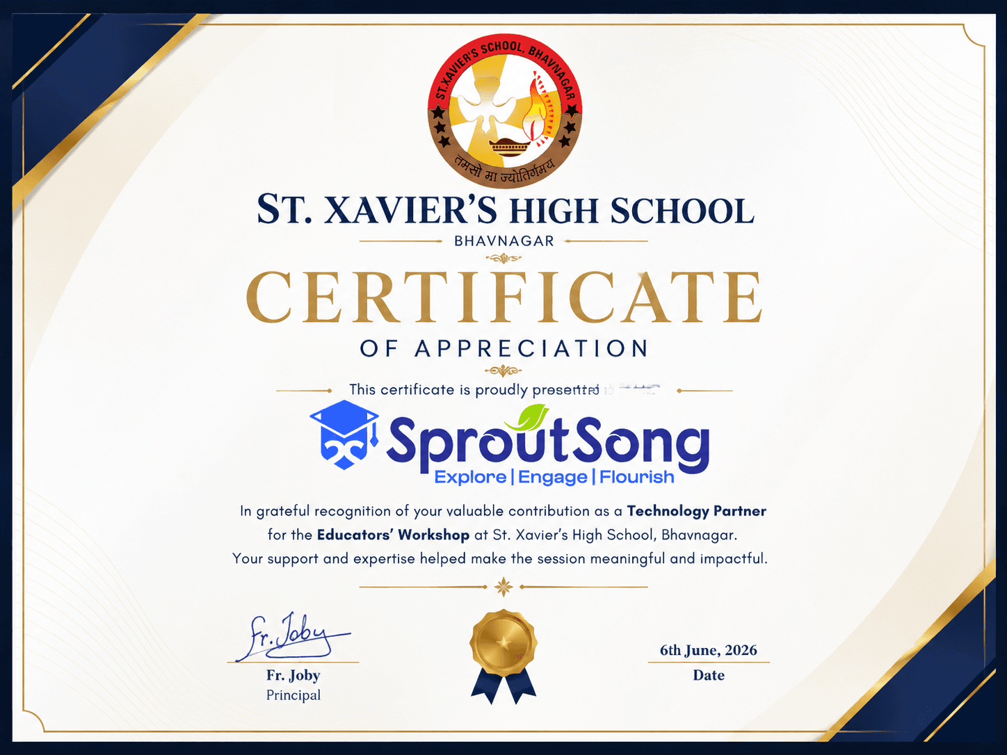 SproutSong certificate of appreciation from St. Xavier’s High School, Bhavnagar